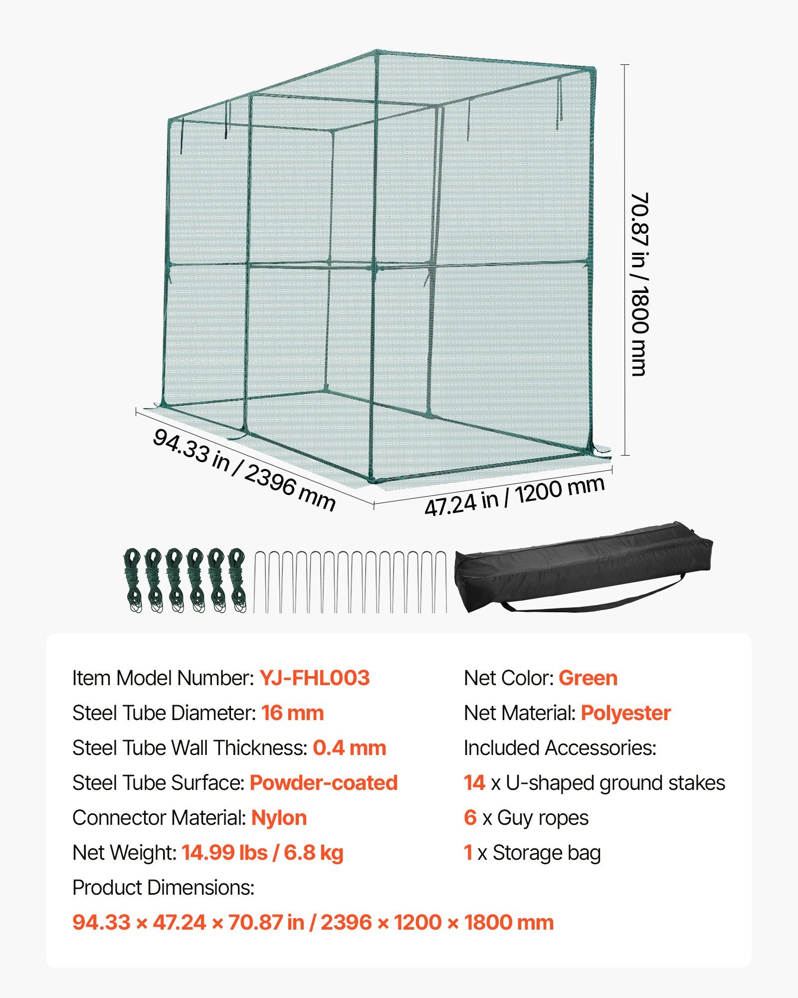 VEVOR Crop Cage, 2.39 x 1.2 x 1.8 m Plant Protection Tent with Zippered Door, Wind-Resistant Tall Crop Cage, Easy to Install, Outdoor Raised Bed Cover, Tomato Plant Netting for Garden Patio Lawn