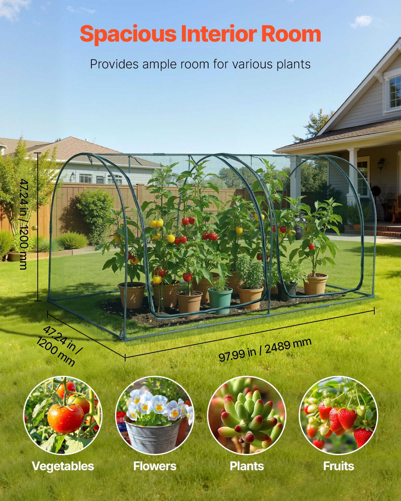 VEVOR Crop Cage, 2.48 x 1.2 x 1.2 m Plant Protection Tent with Zippered Door, Wind-Resistant Tall Crop Cage, Easy to Install, Outdoor Raised Bed Cover with Frame, Plant Netting for Garden Patio Lawn