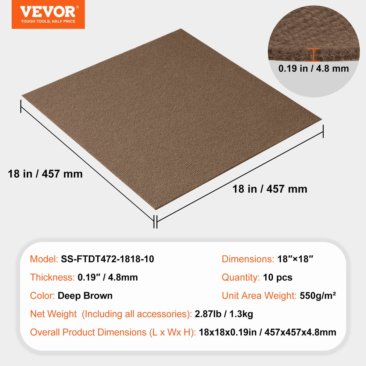 VEVOR Carpet Tiles Peel and Stick, Squares Self Adhesive Carpet Floor Tile, Soft Padded Carpet Tiles, Easy Install DIY for Bedroom Living Room Indoor Outdoor (10 Tiles, Dark Brown)