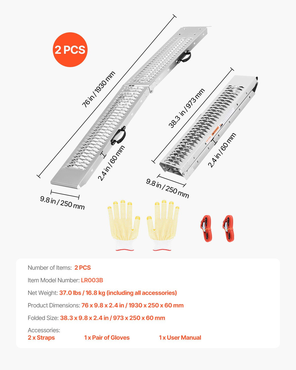 VEVOR Steel Ramps, 1000 lbs, 2Pcs Heavy-duty Ramps with Wider Ramp Surface, Universal Stable Loading Ramp with Handles, Fit for ATV, UTV, Motorcycle, Electric Bicycle, etc.