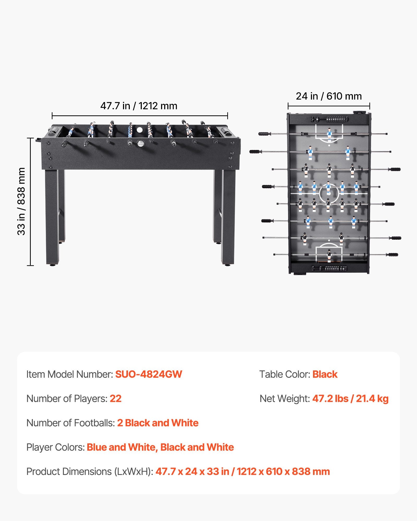 VEVOR Foosball Table, 121 cm Standard Size Table, Indoor Full Size Foosball Tables for Home, Family, and Game Room, Durable Soccer Set, Includes 2 Balls, Score Keeper, and 2 Cup Holders