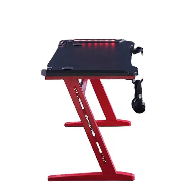 Gaming Desk with LED Lights Computer Desk Z Shaped Desk - Black