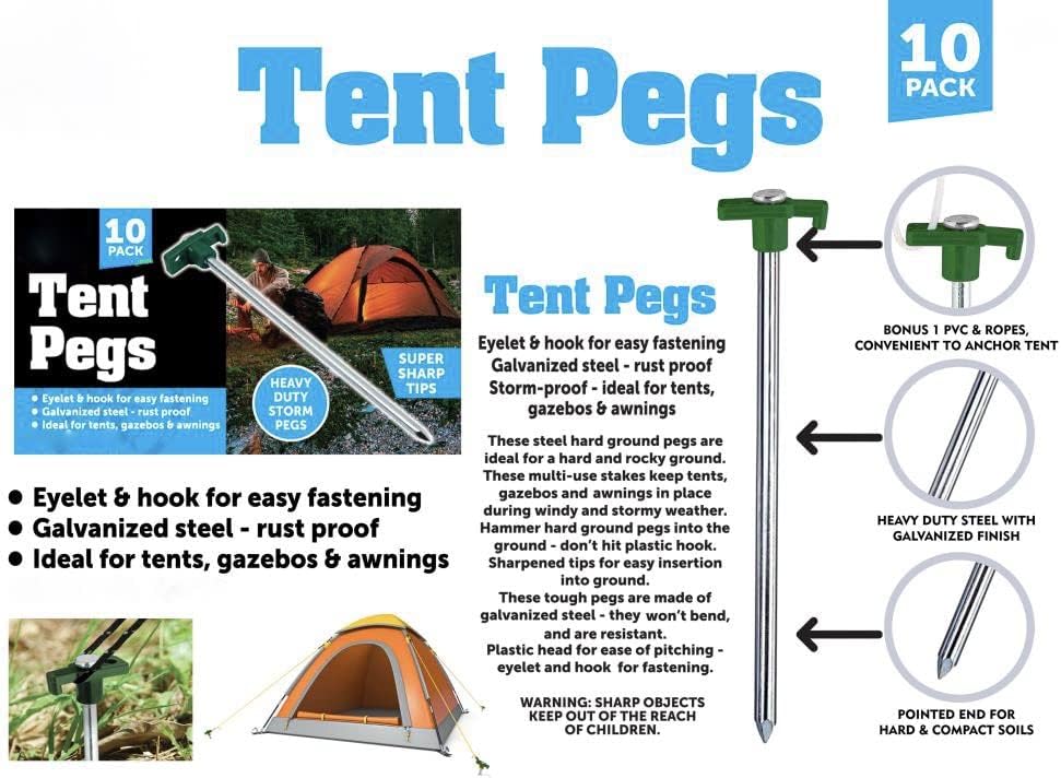 Heavy-Duty Storm Proof 10 Pack Galvanized Steel Rust Proof Tent Pegs