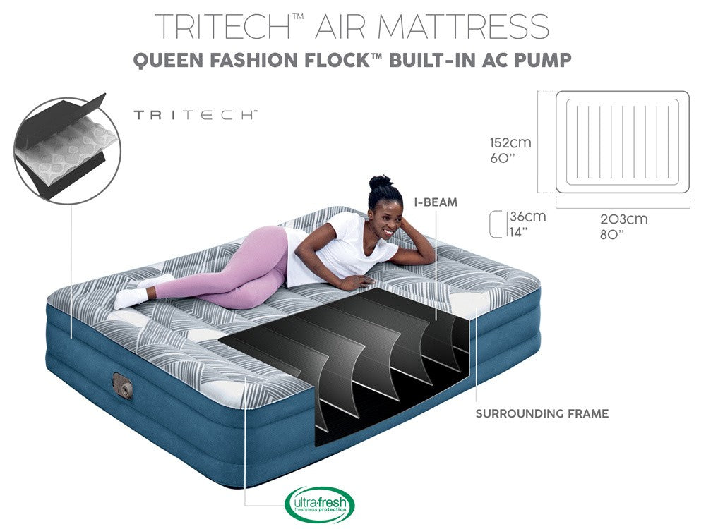 Bestway 2.03m x 1.52m x 36cm Tritech Fashion Flock comfortable inflatable Air Mattress Queen Built-in AC Pump