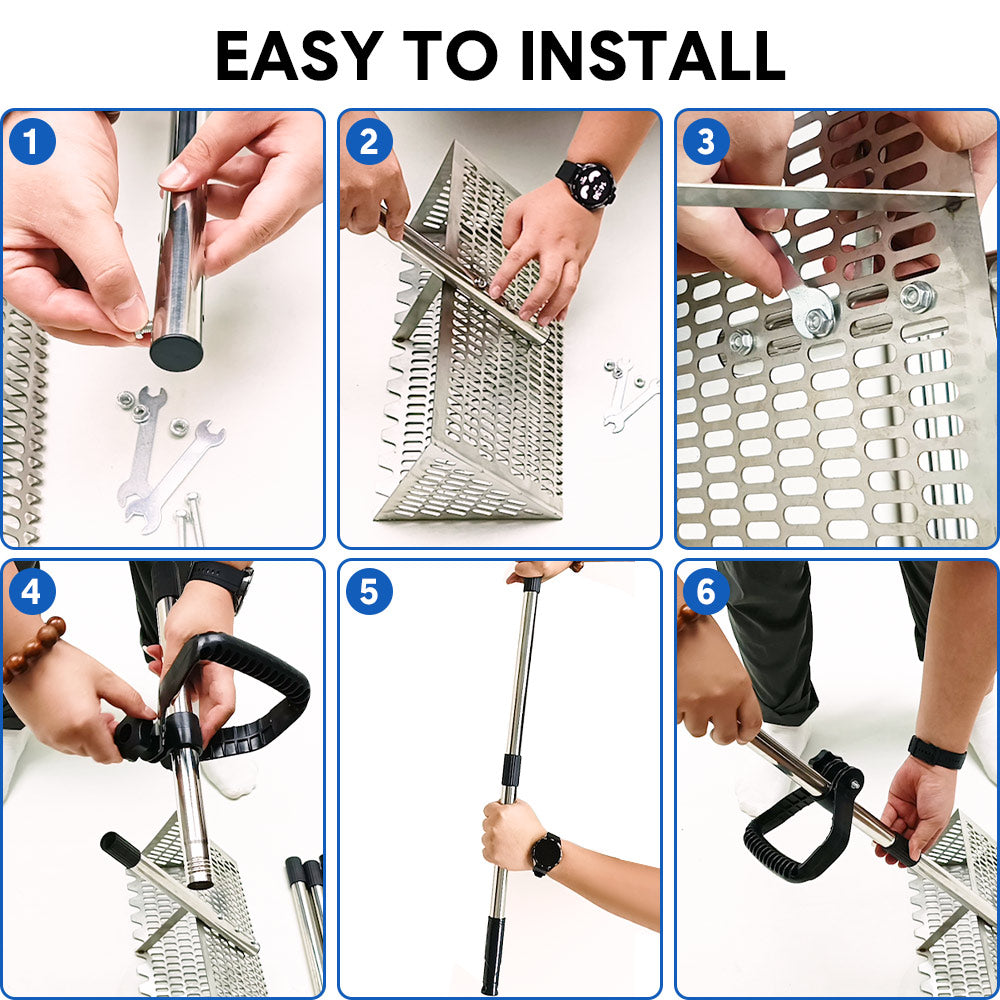 Beach Rake Stainless Steel Sand Flea Rake 140cm Long Detachable Handle and Shark Tooth Wide Sifter for Easy Sand Flea Removal with Bonus Basket and Tools