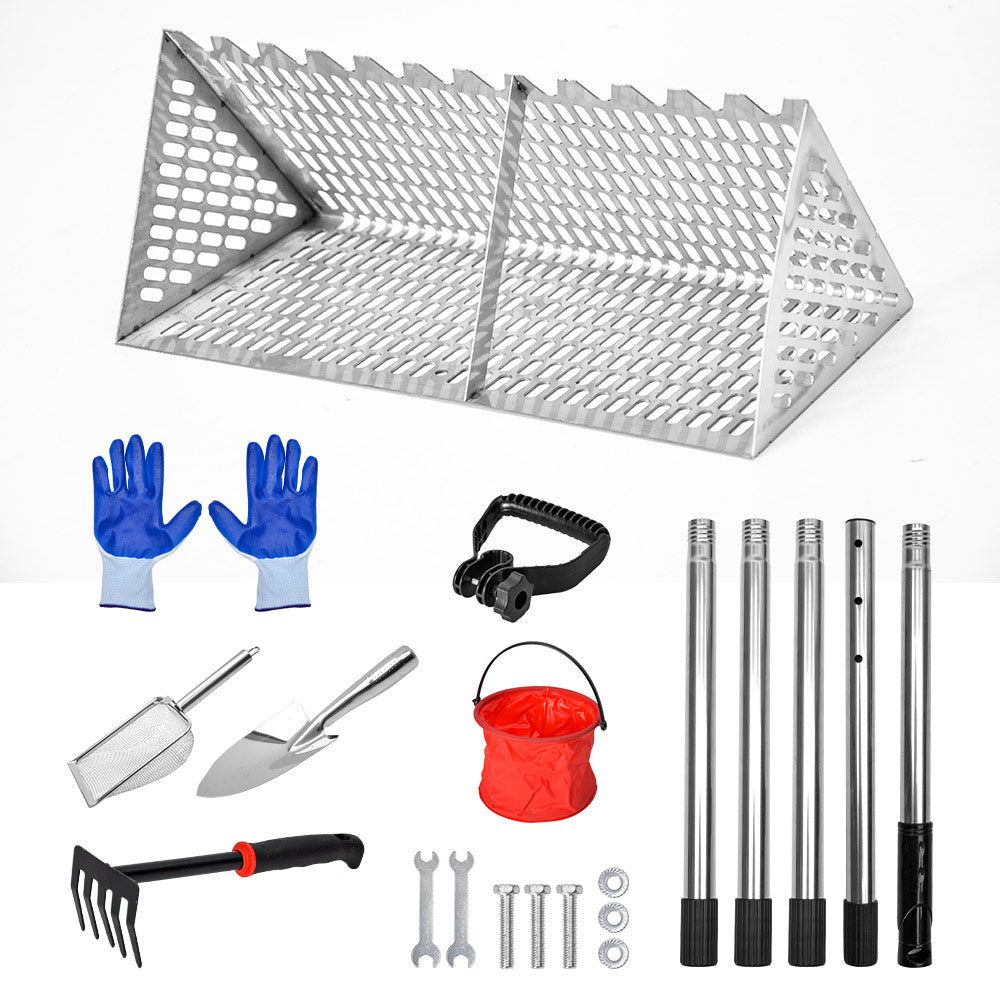 Beach Rake Stainless Steel Sand Flea Rake 140cm Long Detachable Handle and Shark Tooth Wide Sifter for Easy Sand Flea Removal with Bonus Basket and Tools