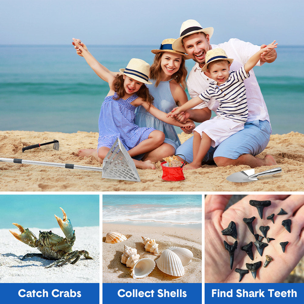 Beach Rake Stainless Steel Sand Flea Rake 140cm Long Detachable Handle and Shark Tooth Wide Sifter for Easy Sand Flea Removal with Bonus Basket and Tools