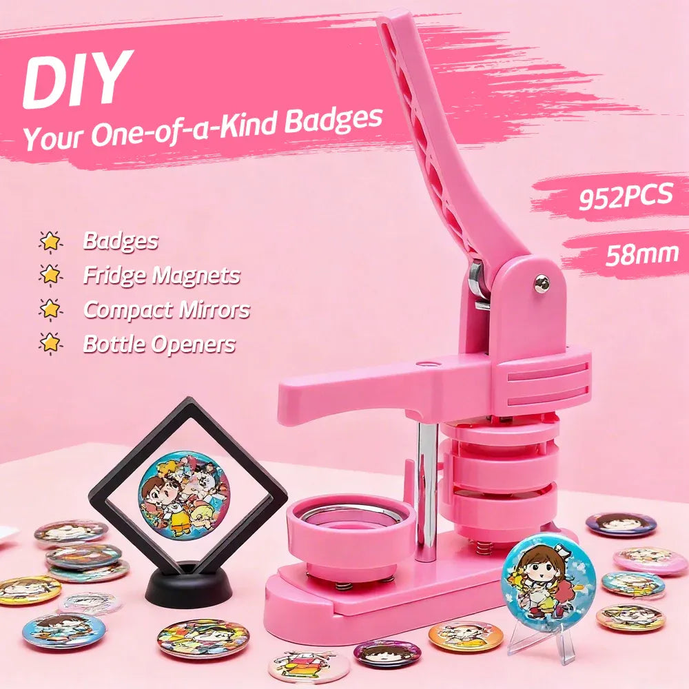 58mm Button Maker Machine DIY Badge Making Pin Press Machine with All-Inclusive Accessories for Custom Pin Badges Mirrors Fridge Magnets Gift Set Pink