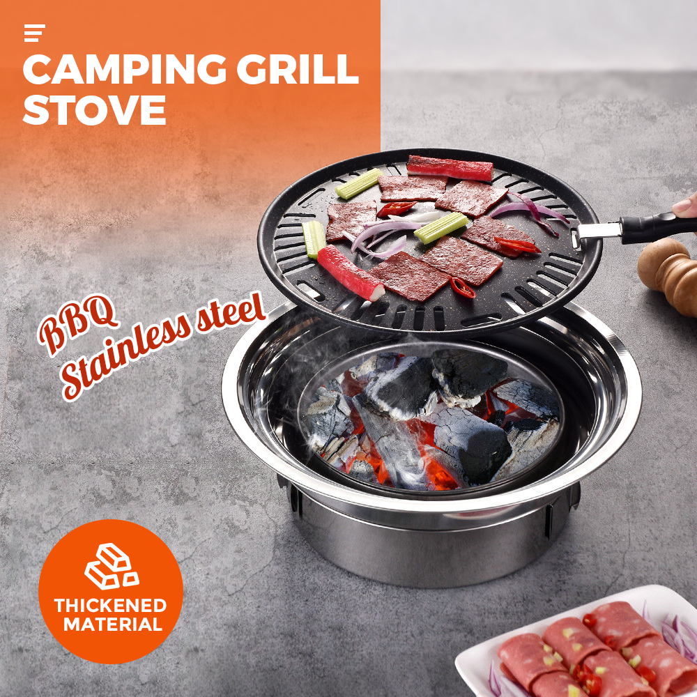 Portable Multifunctional Charcoal Barbecue Grill 13 Inch Stainless Steel BBQ Camping Grill Stove Tabletop Smoker Grill for Outdoor Indoor Picnic