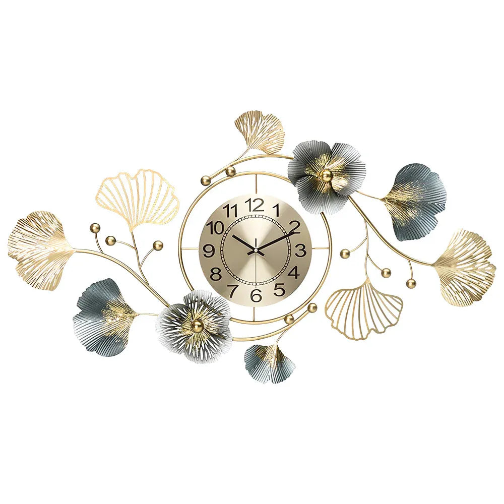 Large Wall Clock 22cm Metal Silent Non Ticking Decoration Hanging Clock Battery Operated with 3D Ginkgo Leaf Design for Living Room Bedroom Home Office