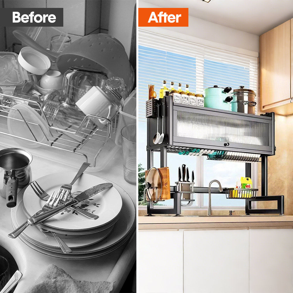 Over The Sink Dish Drying Rack Carbon Steel Dish Drainer Drying Rack 85cm Long Sink Caddy with Door and Multiple Utensils Holders Large Capacity