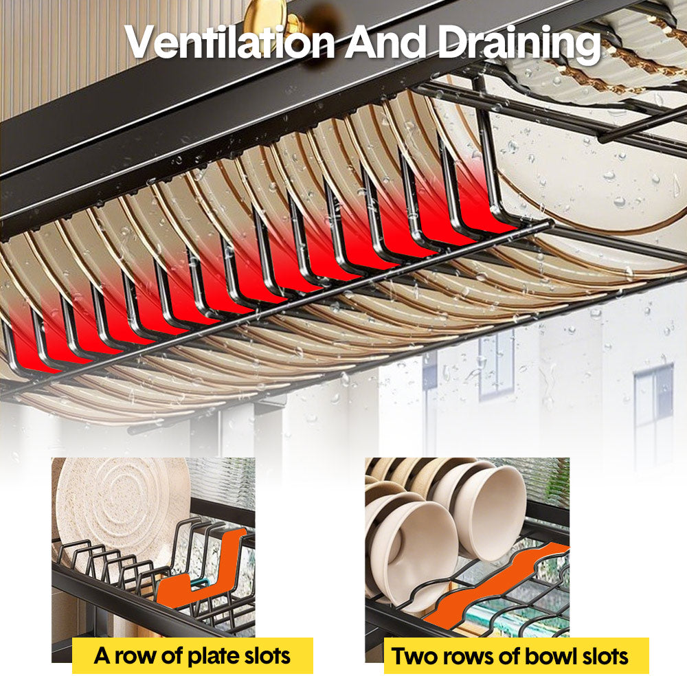 Over The Sink Dish Drying Rack Carbon Steel Dish Drainer Drying Rack 85cm Long Sink Caddy with Door and Multiple Utensils Holders Large Capacity