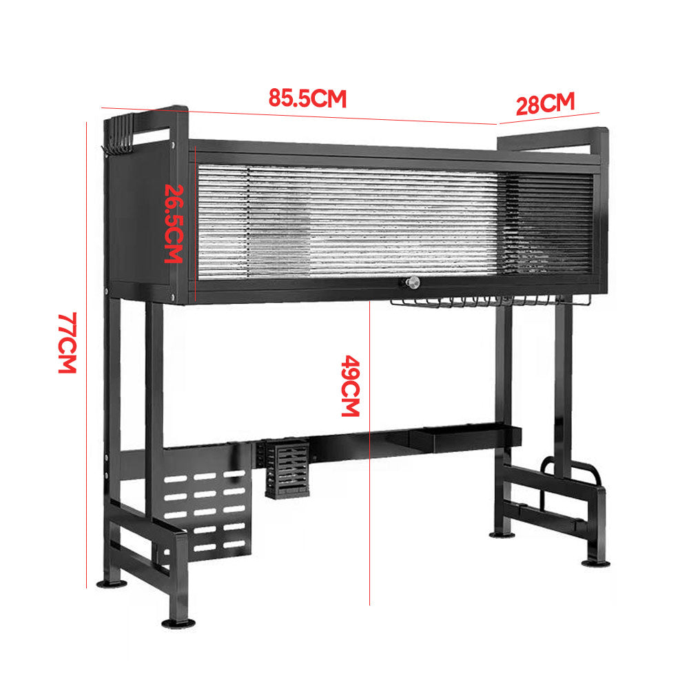 Over The Sink Dish Drying Rack Carbon Steel Dish Drainer Drying Rack 85cm Long Sink Caddy with Door and Multiple Utensils Holders Large Capacity