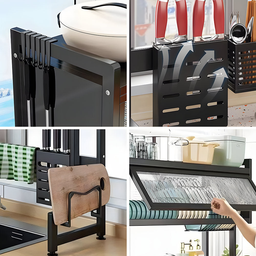 Over The Sink Dish Drying Rack Carbon Steel Dish Drainer Drying Rack 85cm Long Sink Caddy with Door and Multiple Utensils Holders Large Capacity