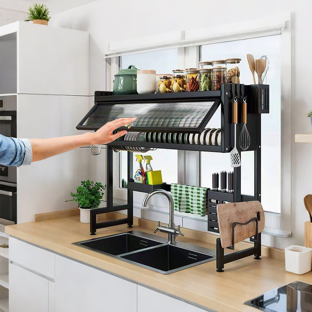 Over The Sink Dish Drying Rack Carbon Steel Dish Drainer Drying Rack 85cm Long Sink Caddy with Door and Multiple Utensils Holders Large Capacity