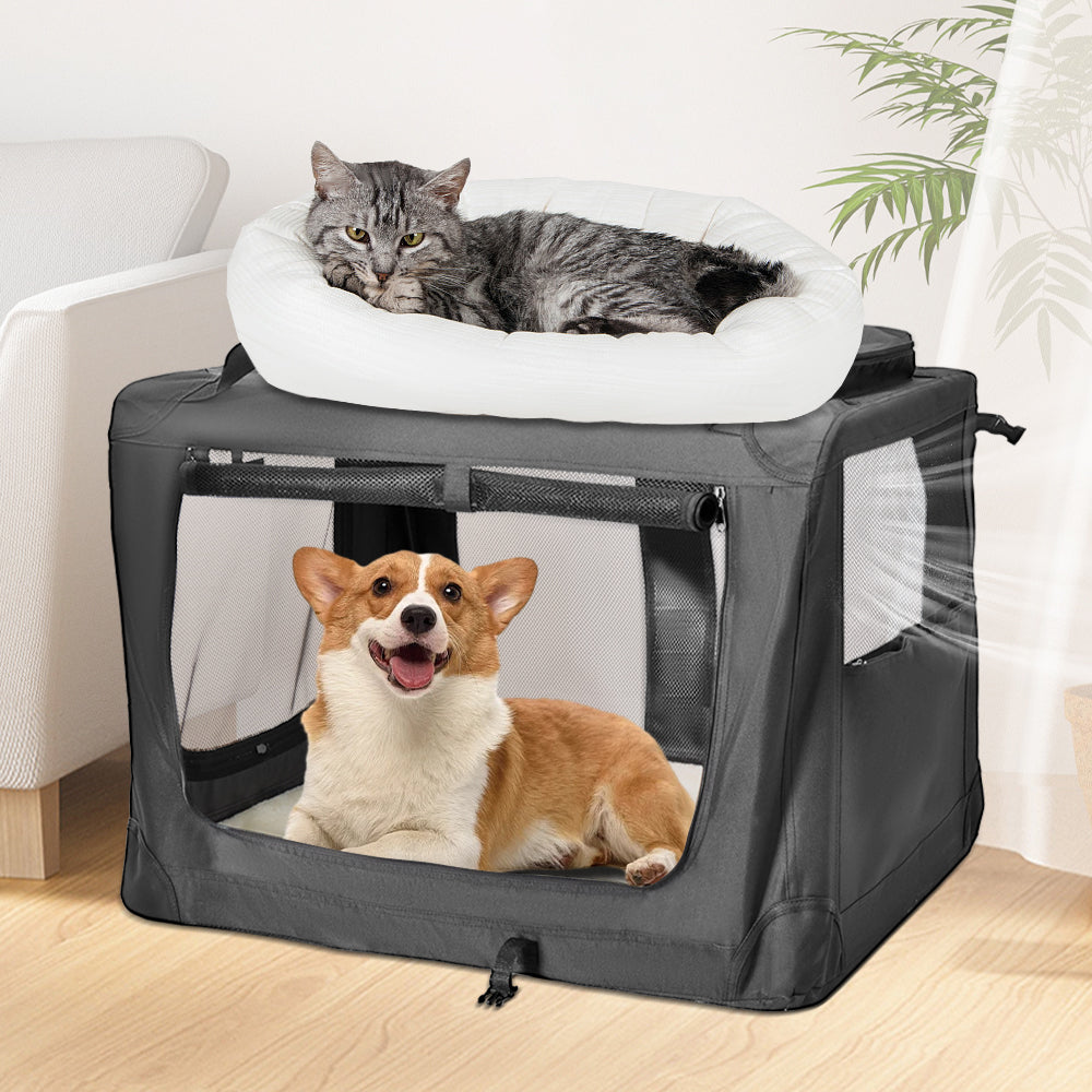 Foldable Dog Carrier Large Pet Travel Bag Portable and Breathable Car Travel Transport Kennel 72x52x52cm Load Up to 27kg with Steel Frame and Pocket Black