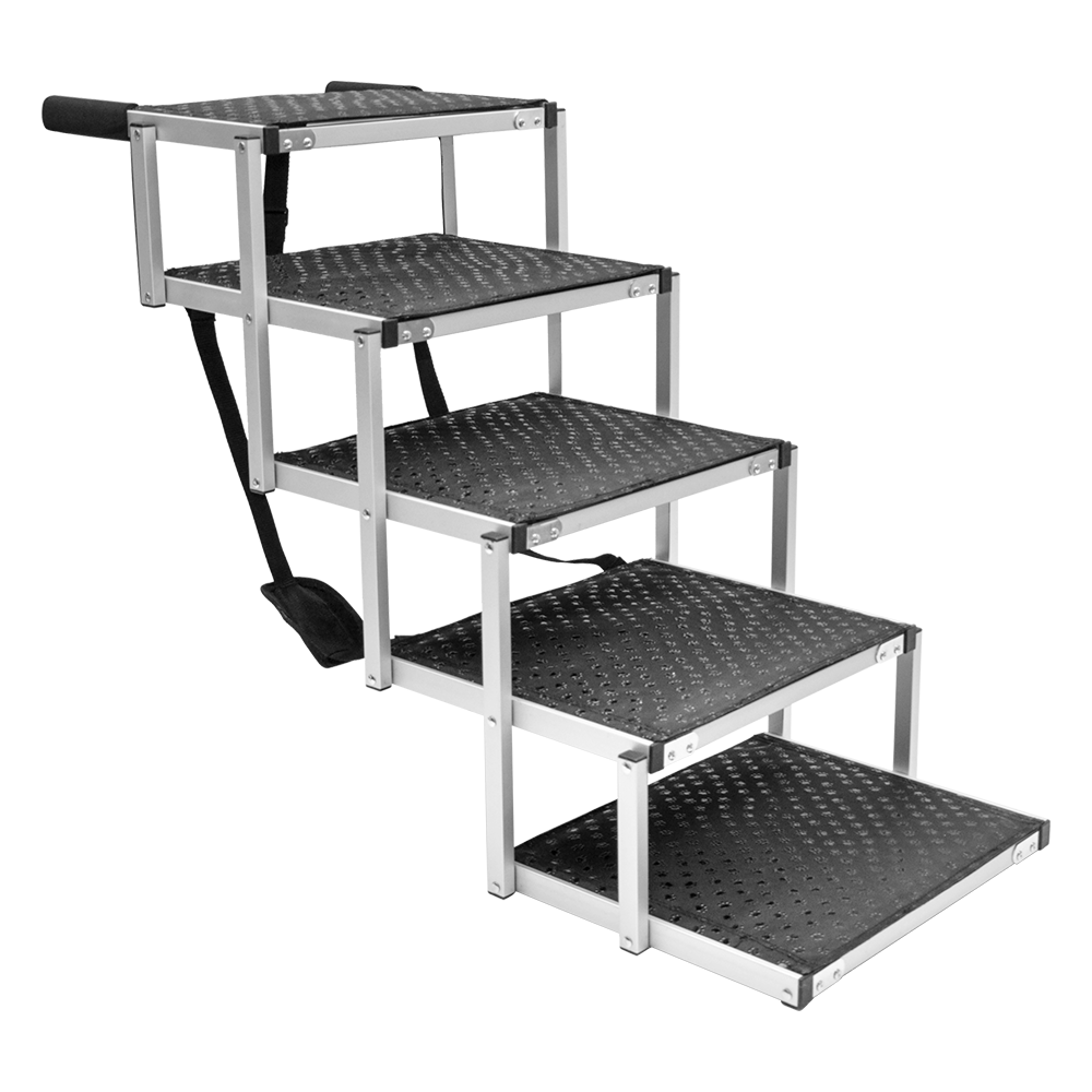 Folding Dog Stair Lightweight Aluminium Dog Ramp Adjustable Height 5 Steps Pet Ladder Loads up to 70Kg with Non-Slip Surface for Cars Trunk SUV Trucks