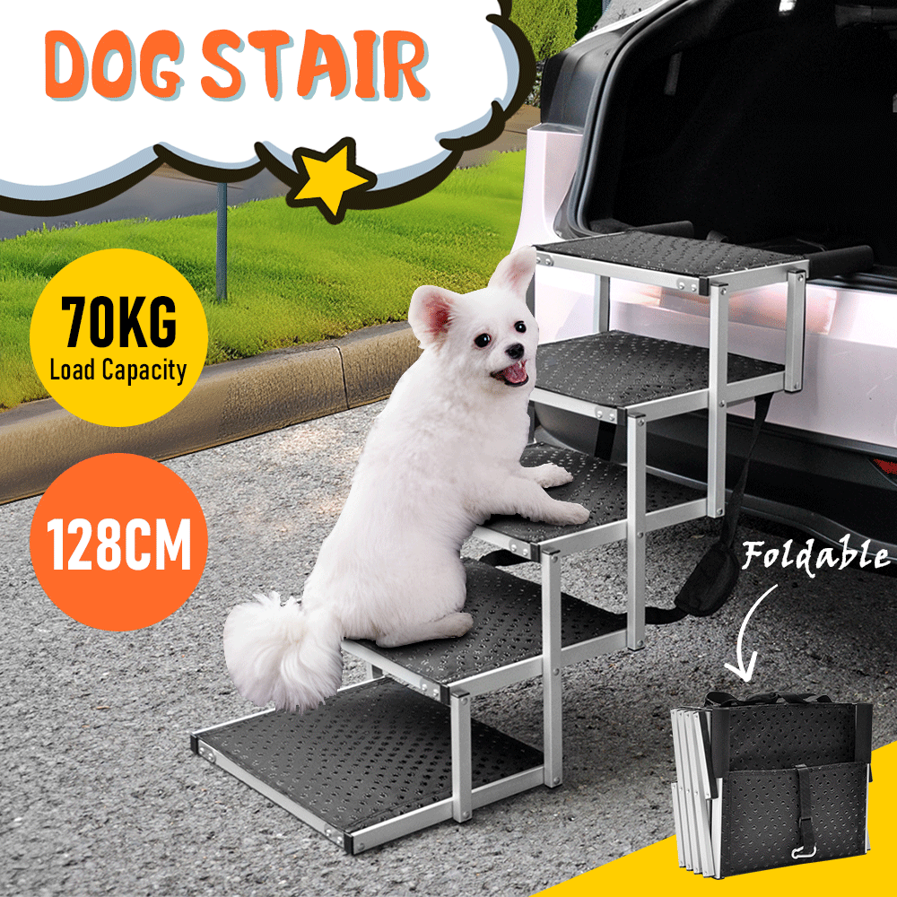 Folding Dog Stair Lightweight Aluminium Dog Ramp Adjustable Height 5 Steps Pet Ladder Loads up to 70Kg with Non-Slip Surface for Cars Trunk SUV Trucks