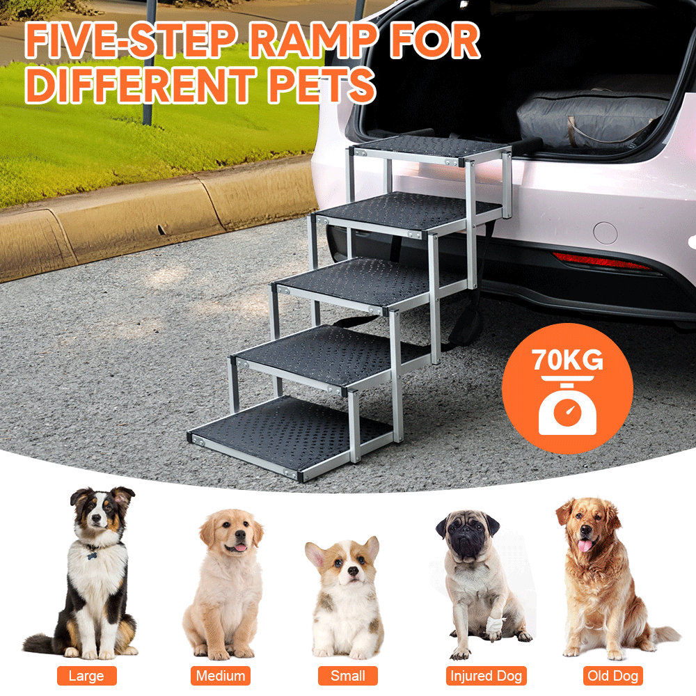 Folding Dog Stair Lightweight Aluminium Dog Ramp Adjustable Height 5 Steps Pet Ladder Loads up to 70Kg with Non-Slip Surface for Cars Trunk SUV Trucks