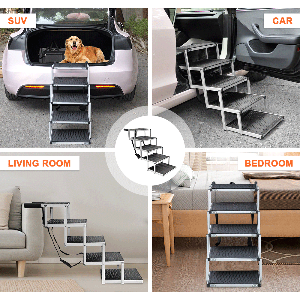 Folding Dog Stair Lightweight Aluminium Dog Ramp Adjustable Height 5 Steps Pet Ladder Loads up to 70Kg with Non-Slip Surface for Cars Trunk SUV Trucks