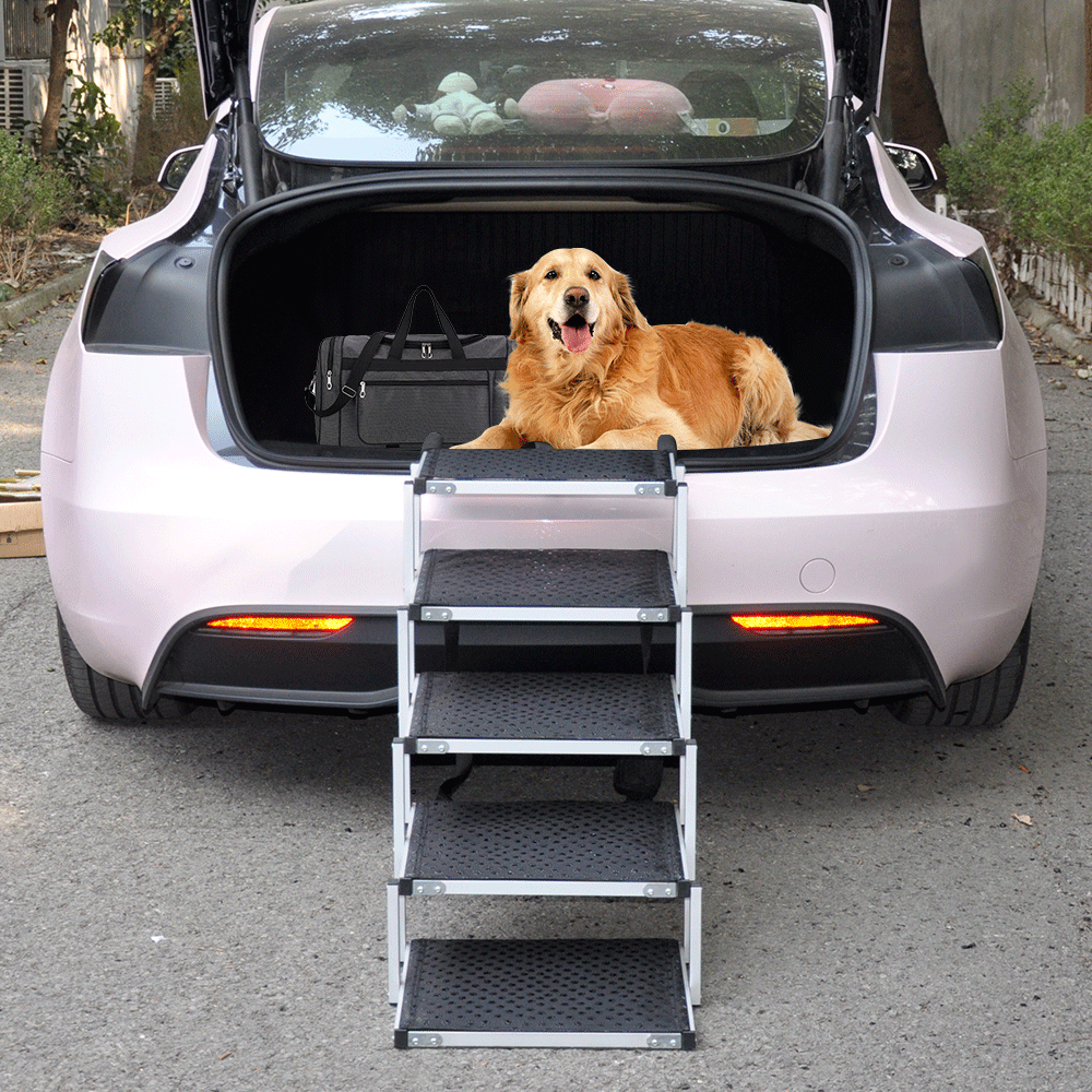 Folding Dog Stair Lightweight Aluminium Dog Ramp Adjustable Height 5 Steps Pet Ladder Loads up to 70Kg with Non-Slip Surface for Cars Trunk SUV Trucks