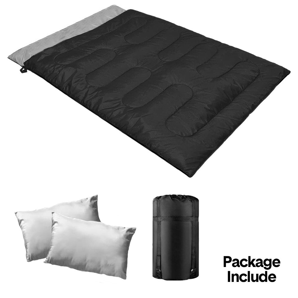 Detachable Double Sleeping Bag with 2 Pillows Queen Size– 2-in-1 Convertible Design Waterproof Warm Lightweight for Camping Hiking & Outdoor Use