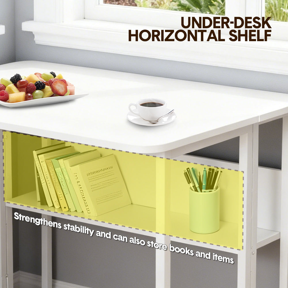 Compat Foldable Desk Rolling Study Desk Small Computer Desk with Wheels and Storage Shelf for Small Spaces Study Home Office Dorm Easy Assembly White