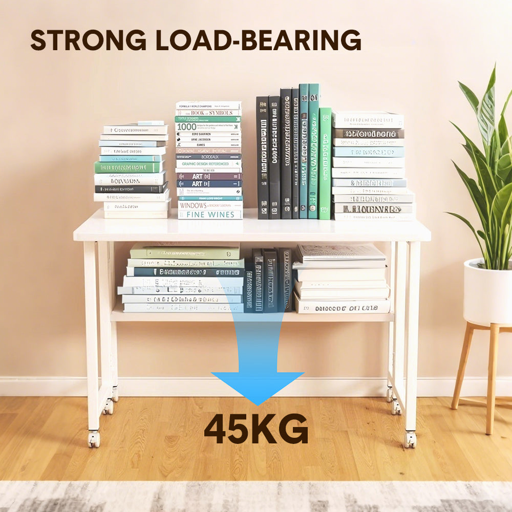 Compat Foldable Desk Rolling Study Desk Small Computer Desk with Wheels and Storage Shelf for Small Spaces Study Home Office Dorm Easy Assembly White