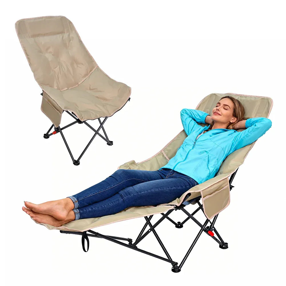 Folding Camping Recliner Outdoor Portable HeavDuty Moon Chair 3-Level Adjustable with Thick Padding Backresy t Leg Rest and Side Pocket No Tools Setup