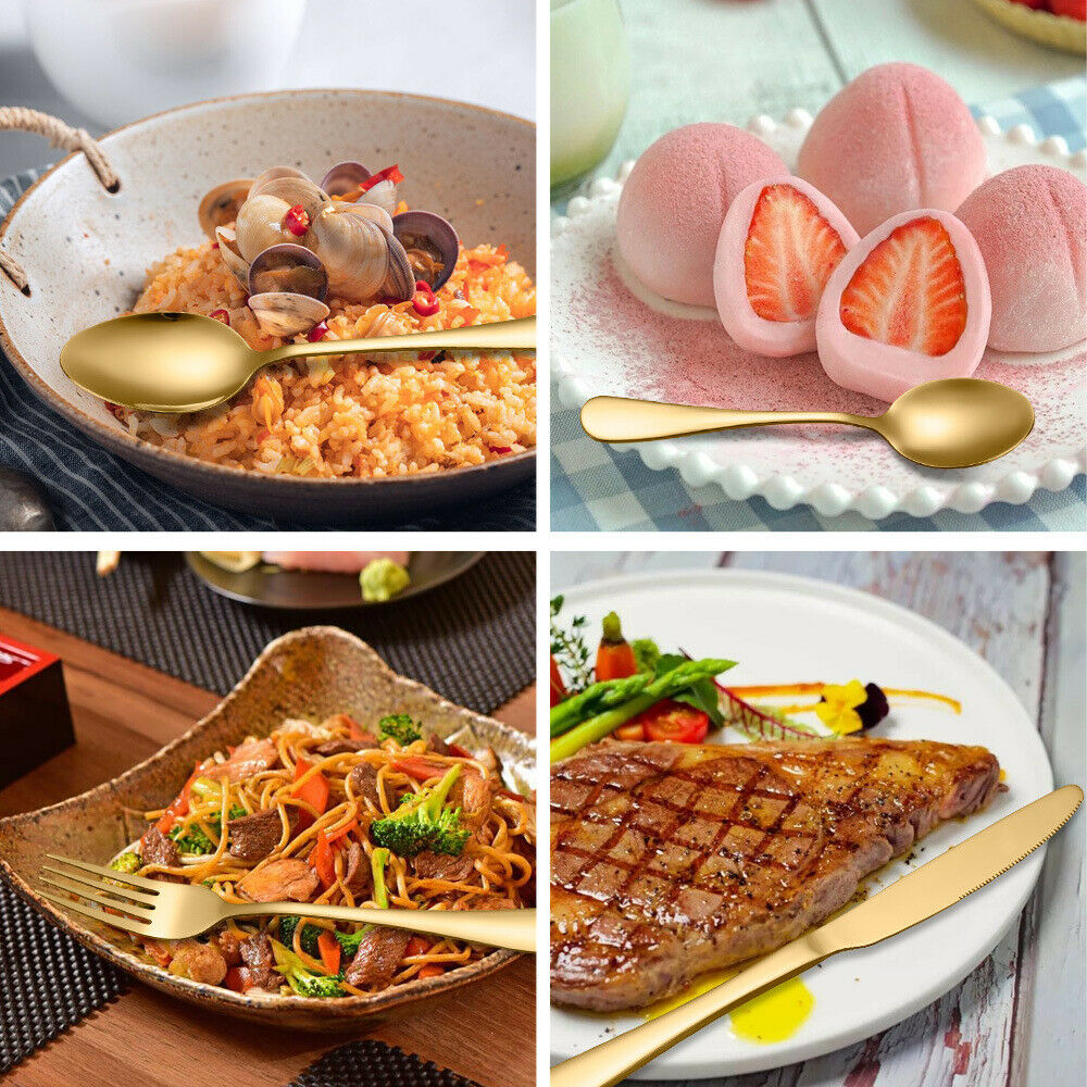 Gold Cutlery Set Kitchen Stainless Steel Fork Knife Spoon Flatware Cutlery Gift For Party Restaurant Dishwasher Safe 24pcs with Carry Box