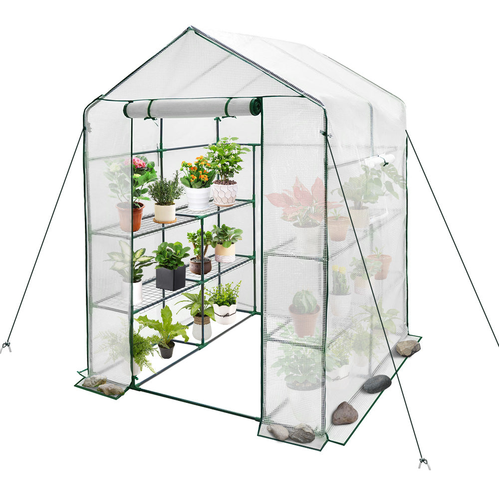 Greenhouse Walk-In Tunnel 3 Tier Planting Shelves 143x143x195cm Strong Stability with PE Cover Roll-up Zipper Door and Window for Outdoor Vegetable Plants