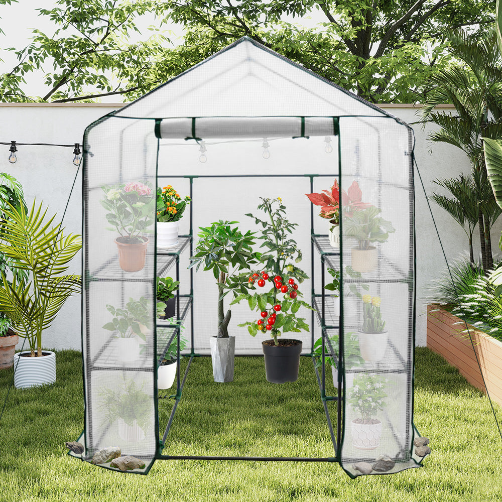 Greenhouse Walk-In Tunnel 3 Tier Planting Shelves 143x143x195cm Strong Stability with PE Cover Roll-up Zipper Door and Window for Outdoor Vegetable Plants