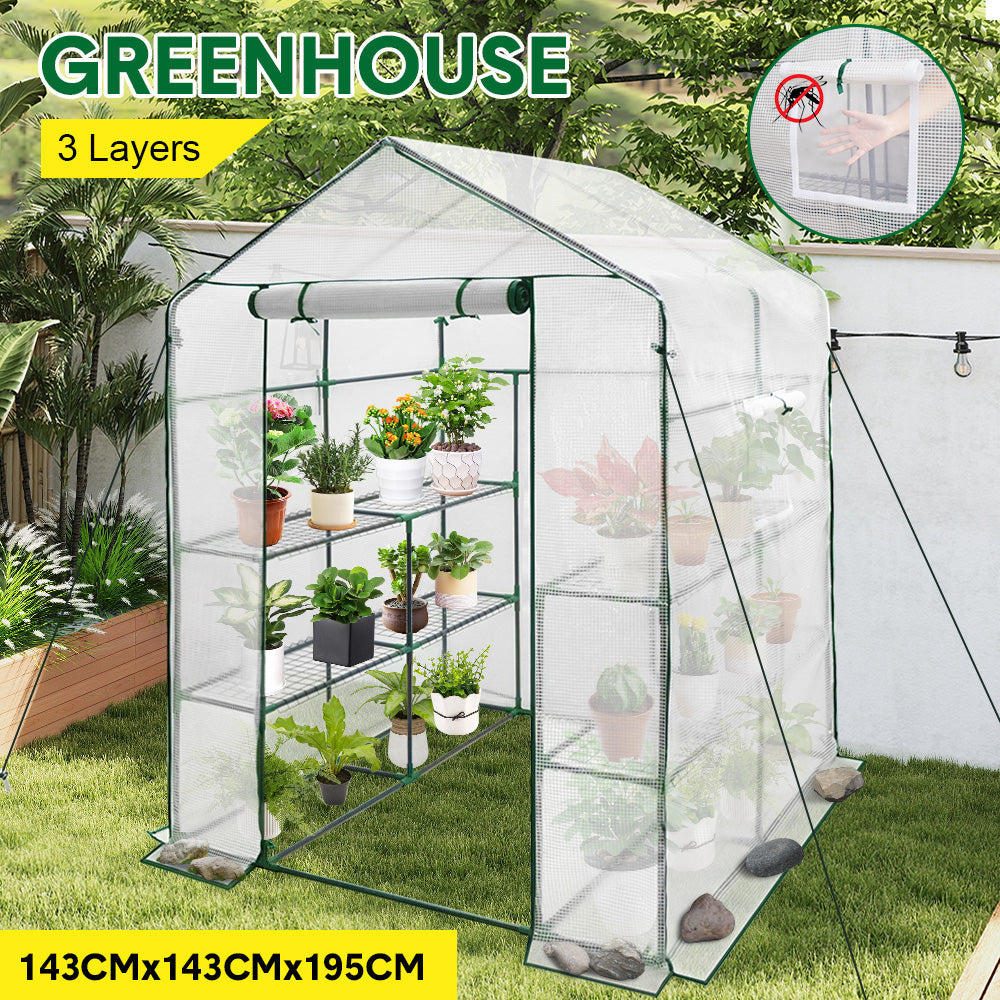 Greenhouse Walk-In Tunnel 3 Tier Planting Shelves 143x143x195cm Strong Stability with PE Cover Roll-up Zipper Door and Window for Outdoor Vegetable Plants