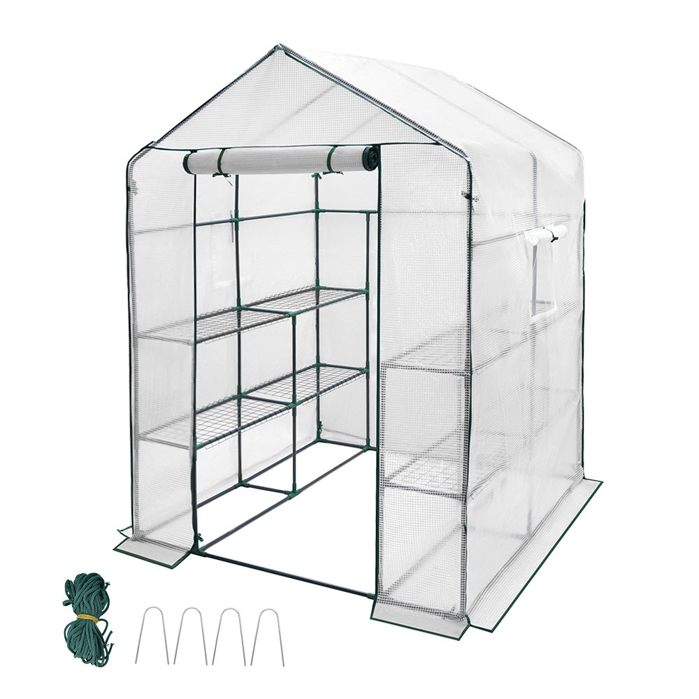 Greenhouse Walk-In Tunnel 3 Tier Planting Shelves 143x143x195cm Strong Stability with PE Cover Roll-up Zipper Door and Window for Outdoor Vegetable Plants