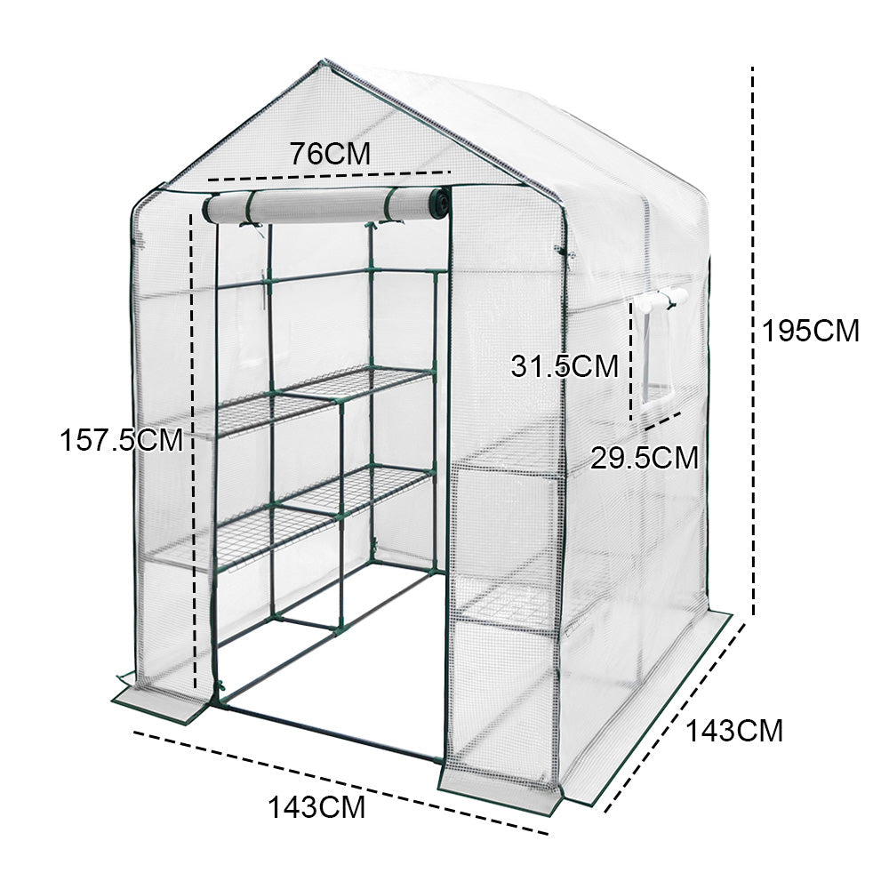 Greenhouse Walk-In Tunnel 3 Tier Planting Shelves 143x143x195cm Strong Stability with PE Cover Roll-up Zipper Door and Window for Outdoor Vegetable Plants