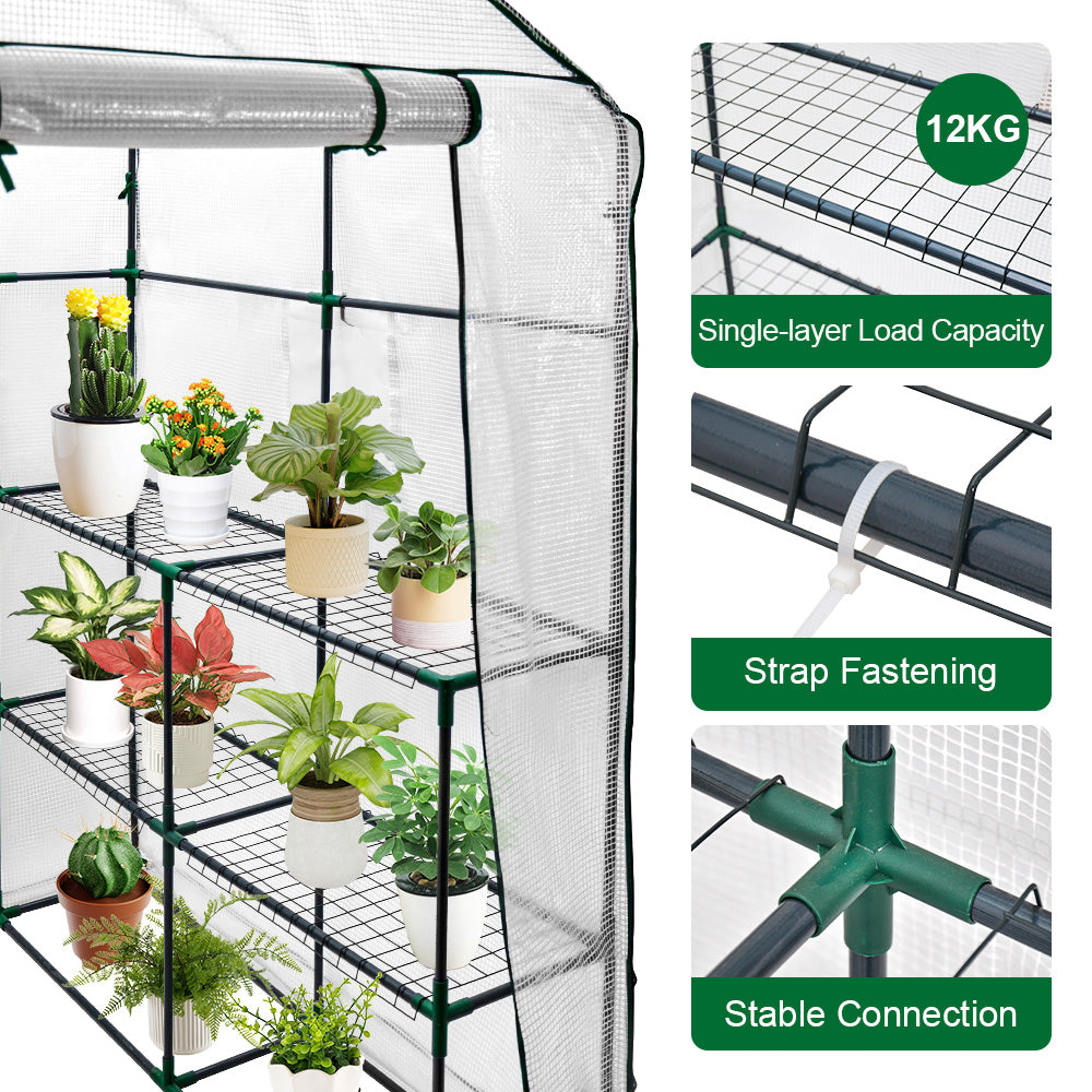 Greenhouse Walk-In Tunnel 3 Tier Planting Shelves 143x143x195cm Strong Stability with PE Cover Roll-up Zipper Door and Window for Outdoor Vegetable Plants