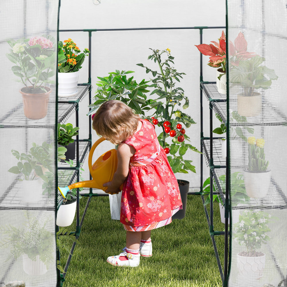 Greenhouse Walk-In Tunnel 3 Tier Planting Shelves 143x143x195cm Strong Stability with PE Cover Roll-up Zipper Door and Window for Outdoor Vegetable Plants