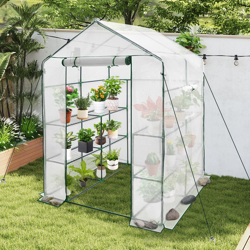 Greenhouse Walk-In Tunnel 3 Tier Planting Shelves 143x143x195cm Strong Stability with PE Cover Roll-up Zipper Door and Window for Outdoor Vegetable Plants