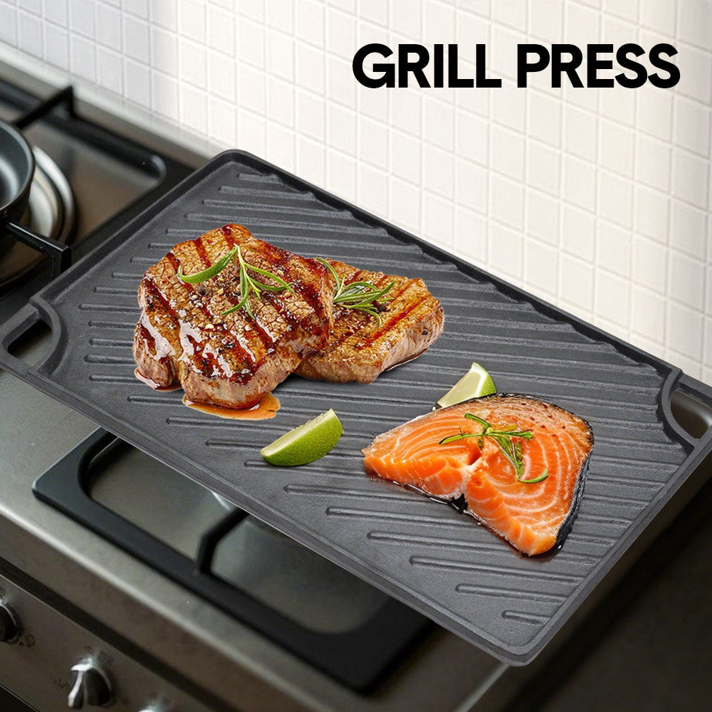 Reversible Cast Iron Griddle Rectangular BBQ Plate 43脳24cm Double-Sided Flat Top Griddle Pan and Grooved Grill for Gas Stovetop Oven and Open Fire Black