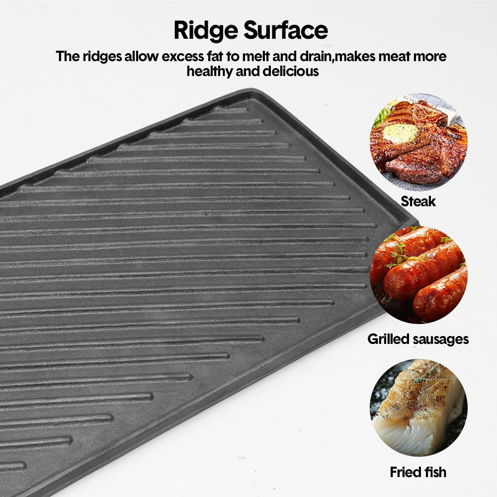 Reversible Cast Iron Griddle Rectangular BBQ Plate 43脳24cm Double-Sided Flat Top Griddle Pan and Grooved Grill for Gas Stovetop Oven and Open Fire Black