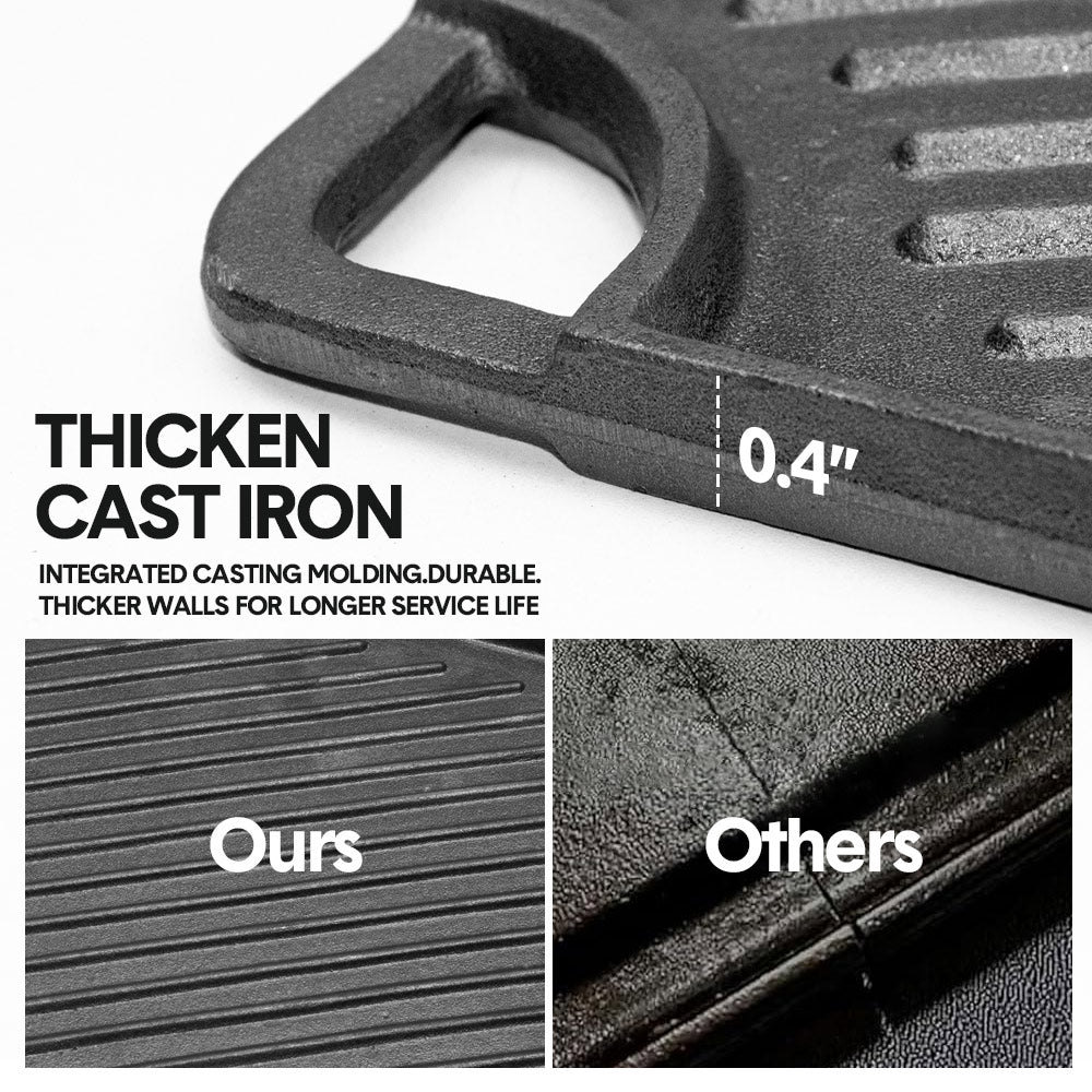 Reversible Cast Iron Griddle Rectangular BBQ Plate 43脳24cm Double-Sided Flat Top Griddle Pan and Grooved Grill for Gas Stovetop Oven and Open Fire Black