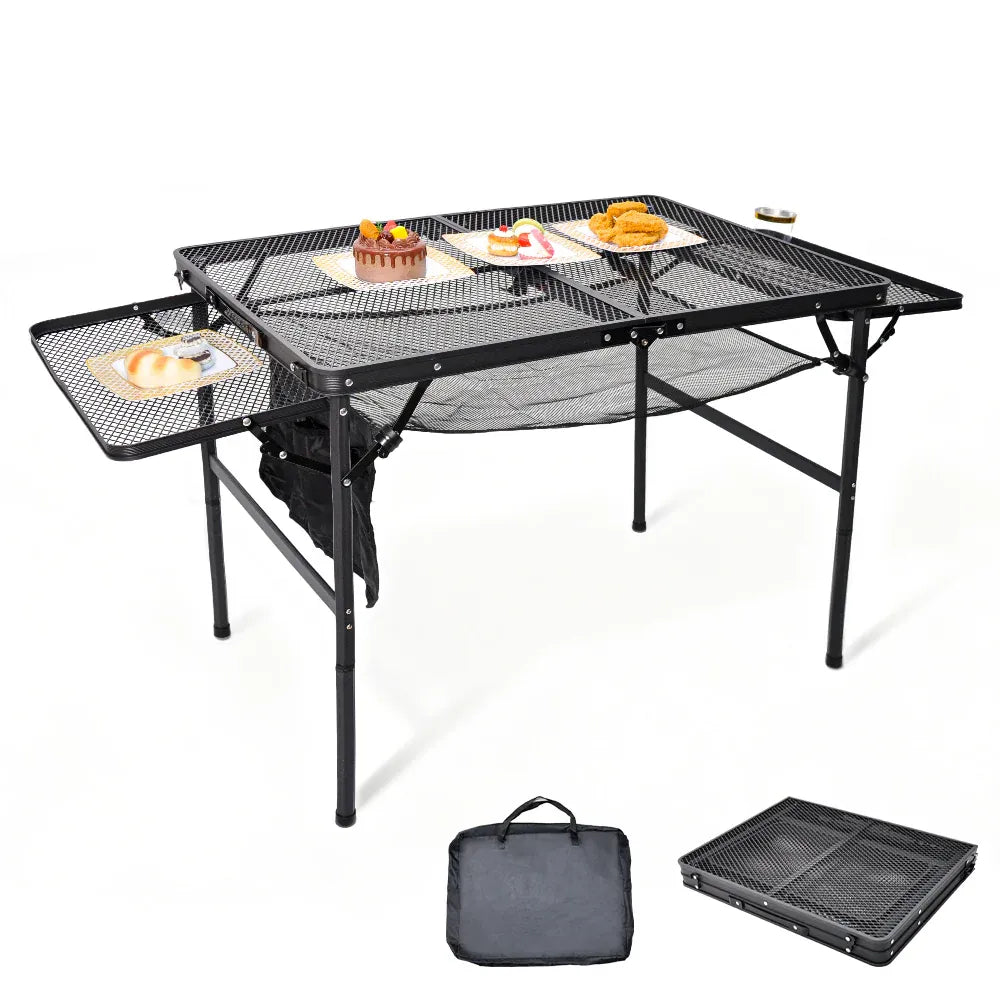 Folding Grill Table 135x60cm Portable Height Adjustable Camping Table with 2 Wing Panels Mesh Desktop and Mesh Storage for Outdoor BBQ Camping Picnic
