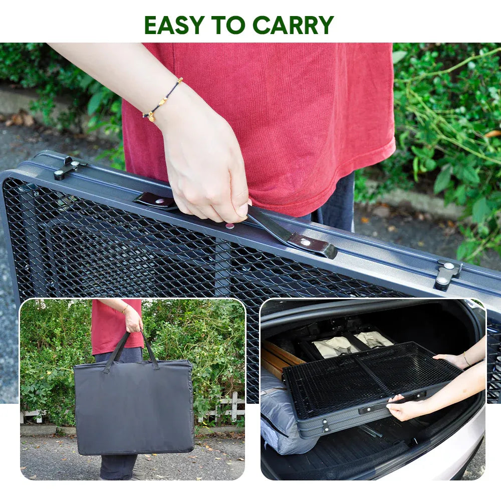 Folding Grill Table 135x60cm Portable Height Adjustable Camping Table with 2 Wing Panels Mesh Desktop and Mesh Storage for Outdoor BBQ Camping Picnic