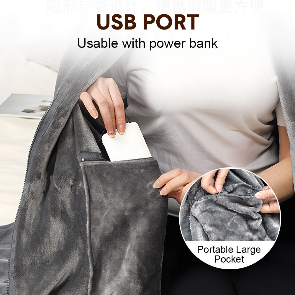 Electric Heated Blanket Washable 10W Heated Soft Thermal Zipper Shawl Wraps USB Charging Winter Heating Wraps Pad with 3 Level Temperature Setting