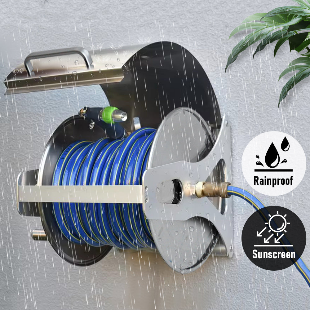 Large Stainless Steel Garden Hose Reel Cart Portable Pipe Holder With Rainproof Sunscreen Protection Lid and Crank Handle