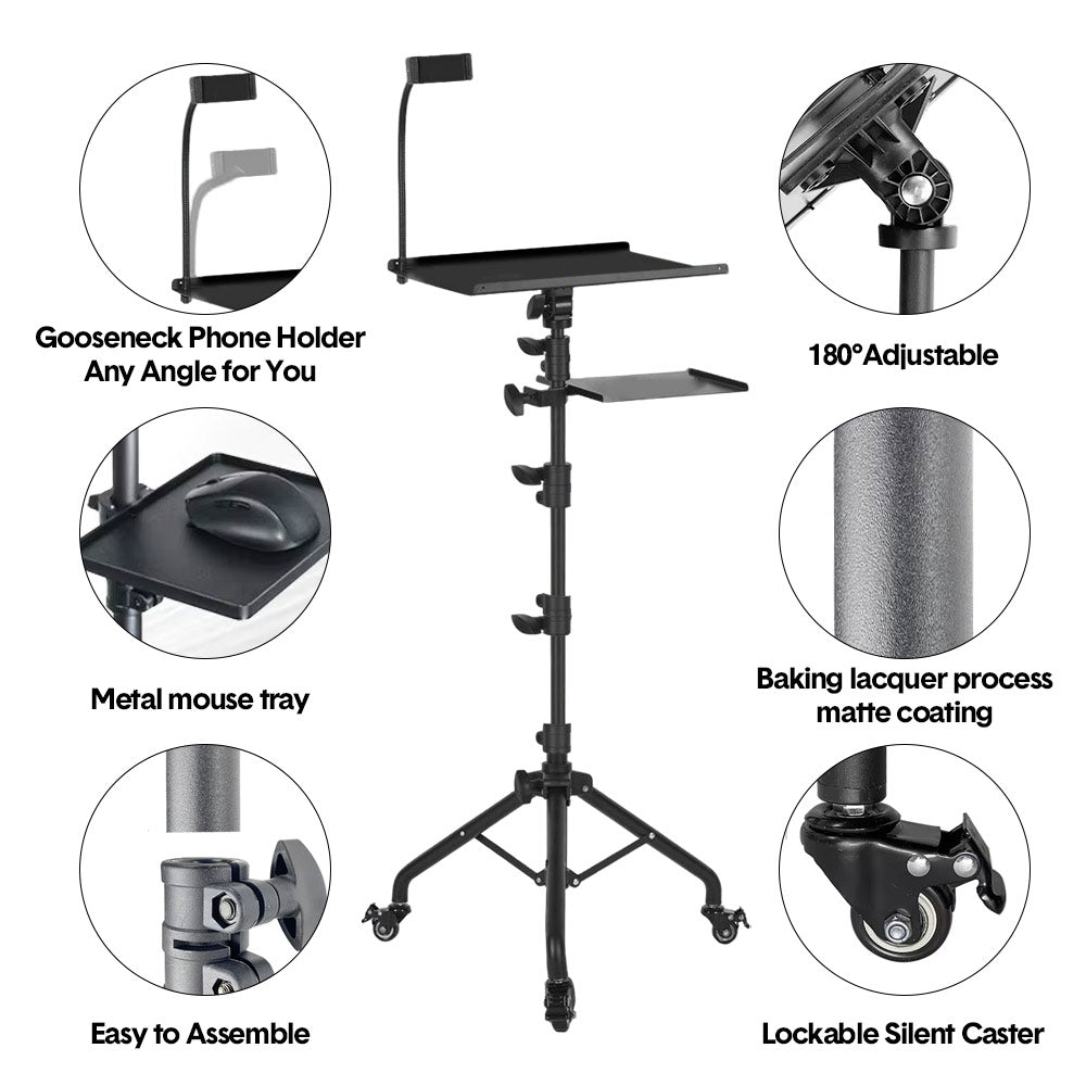 Mobile Laptop Tripod Stand 11-16 Inch on Wheels 82-170cm Height Adjustable Projector Stand Portable Stand with Gooseneck Phone Holder for Home Office