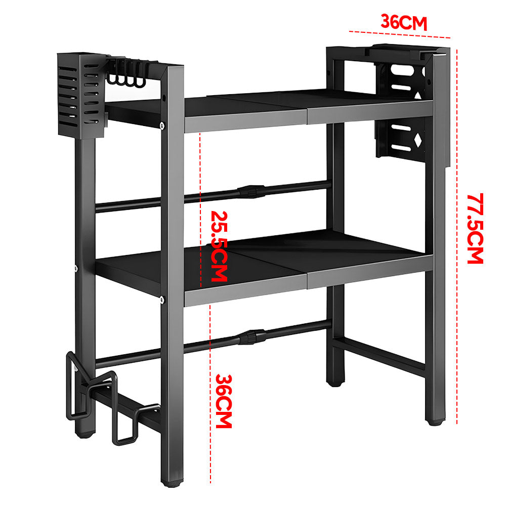 3-Tier Microwave Stand Oven Rack Height Adjustable and Extendable Stainless Steel Kitchen Storage Shelf With 6 Hook Over the Kitchen Counter Max Load 75Kgs