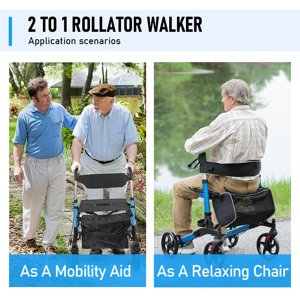 Alston 2 In 1 Foldable X-Fold Mobility Walker Rollator Chair Aid 8 Inch Wheel Max Load 136KG with Zippered Storage Bag for Elderly Seniors Indoor Outdoor Use