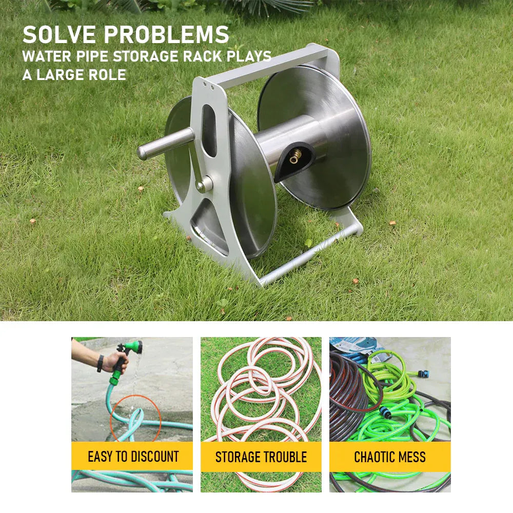 Large Stainless Steel Garden Hose Reel Cart Portable Pipe Holder Heavy Duty Water Pipe Storage Rack With Crank Handle for 1/2inch Hose up to 60M