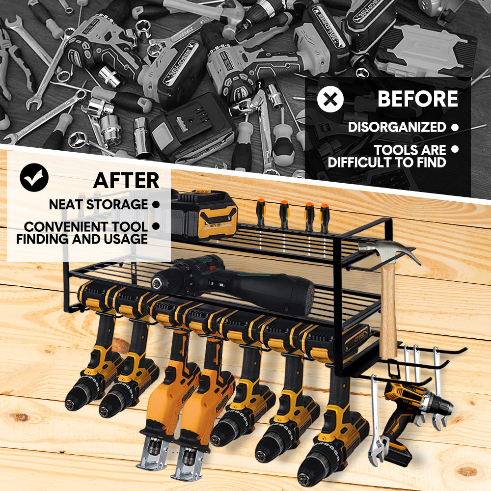 Power Tool Organizer Wall Mount 7 Drill Holder 3 Layer Heavy Duty Metal for Drill Plier Hammer Rack Suitable for Workshop Garage
